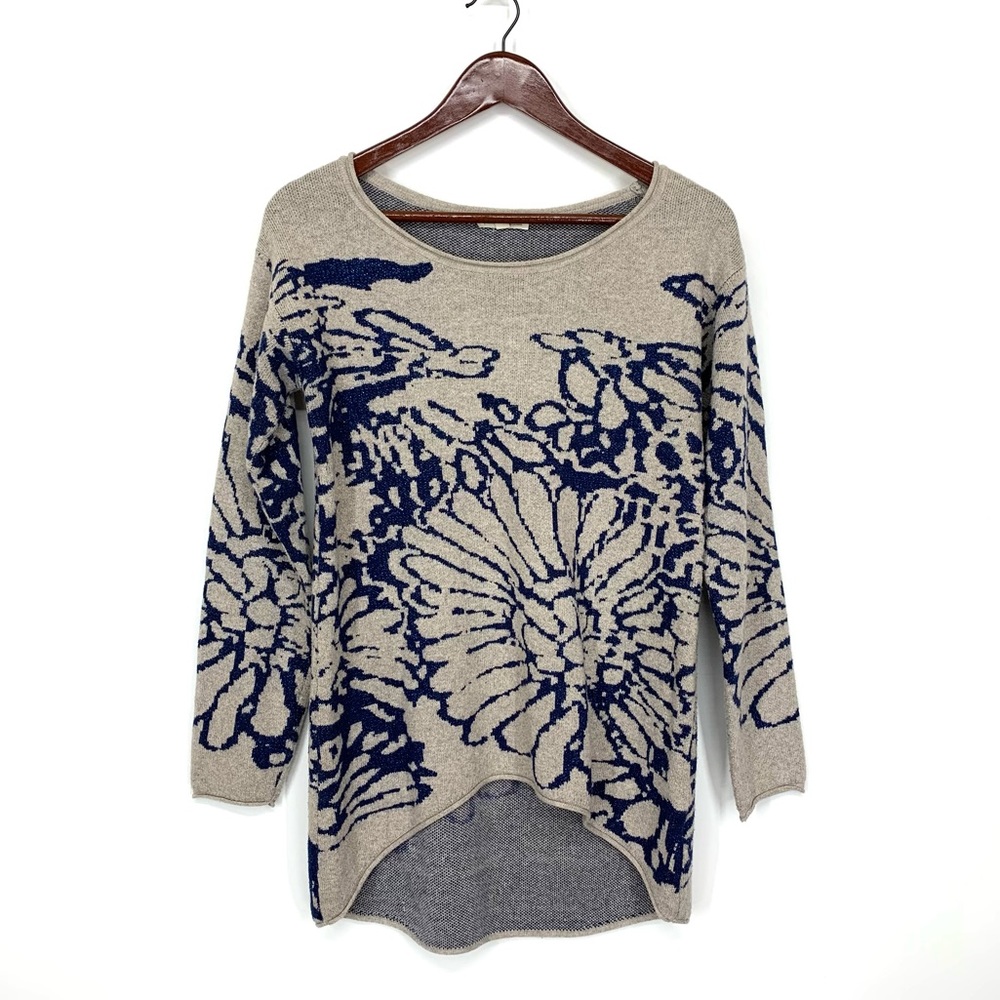 Hem & Thread Cashmere Blend Shimmer Blue Unique Flower Print Oatmeal Sweater
